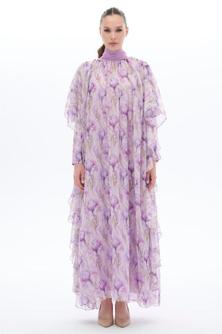 LALE DESENLİ KAFTAN ELBİSE Lila