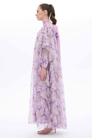LALE DESENLİ KAFTAN ELBİSE Lila