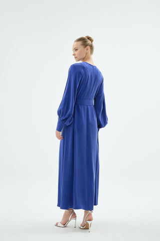Belted Balloon Sleeve Dress – Sax Blue