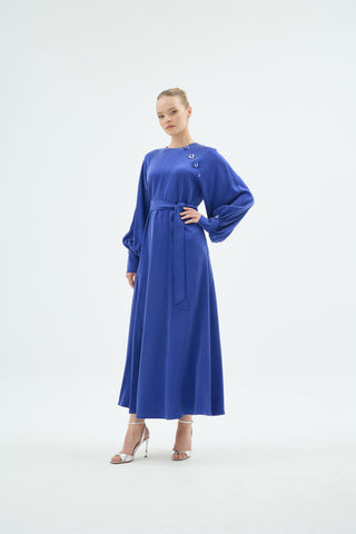 Belted Balloon Sleeve Dress – Sax Blue
