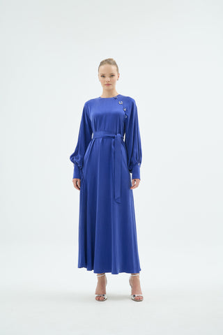 Belted Balloon Sleeve Dress – Sax Blue