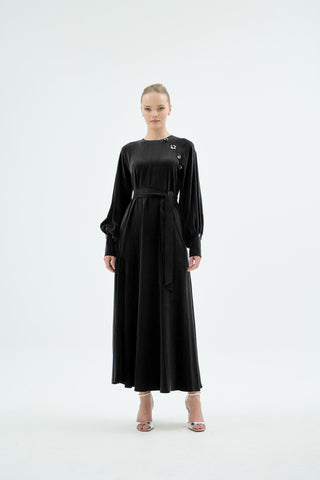 Belted Balloon Sleeve Dress – Black