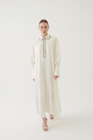 Hand-Embroidered Viscose Shirt Dress – White