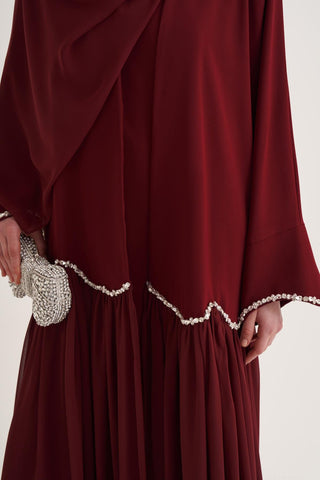 Lina Crystal Abaya & Scarf – Burgundy