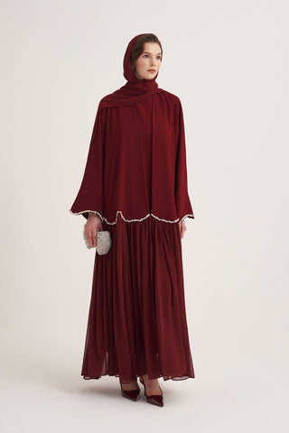 Lina Crystal Abaya & Scarf – Burgundy