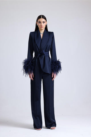 Luminara Feather-Sleeve Set — Navy Blue