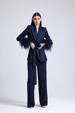 Luminara Feather-Sleeve Set — Navy Blue