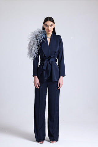 Luminara Ember Feather-Shoulder Set — Navy Blue