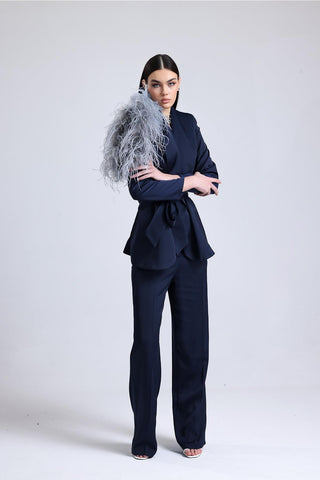 Luminara Ember Feather-Shoulder Set — Navy Blue