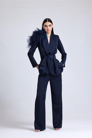 Luminara Ember Feather-Shoulder Set — Navy Blue