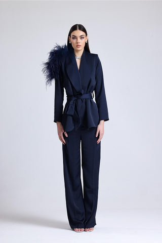 Luminara Ember Feather-Shoulder Set — Navy Blue