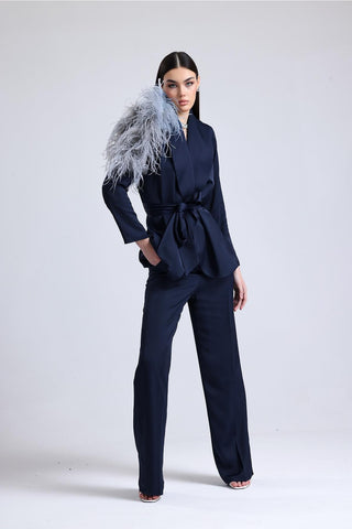 Luminara Ember Feather-Shoulder Set — Navy Blue