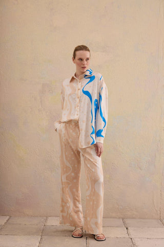 Margeria Printed  Shirt & Wide-Leg Pants Set – Beige