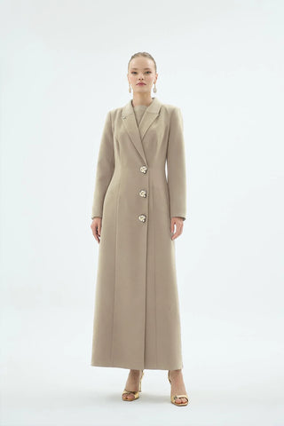 Tailored Blazer Collar Buttoned Dress – Beige