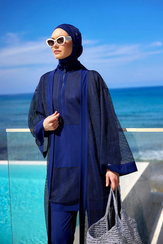 Navy Full Length Modest Mesh Kimono – Lightweight Islamic Swim Cover P2501-2