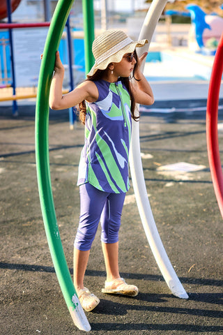 Marina UPF50+ Girls Modest Swimwear - Green/Navy Blue