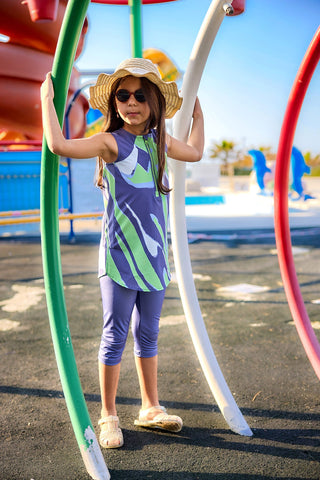 Marina UPF50+ Girls Modest Swimwear - Green/Navy Blue