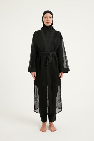 Black Full Coverage Mesh Kimono – Lightweight Islamic Beach Cover-Up P2501-1