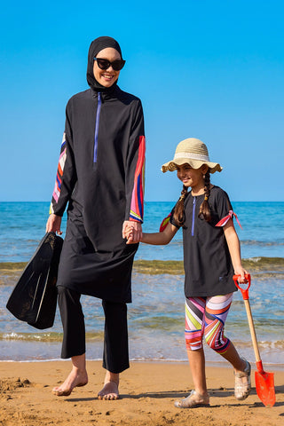 Marina UPF50+ Protective Girls Modest Swimsuit – Black Rainbow