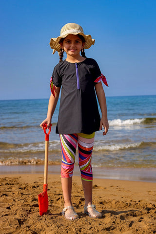 Marina UPF50+ Protective Girls Modest Swimsuit – Black Rainbow