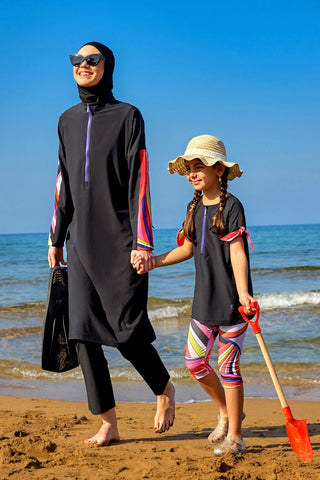 Marina UPF50+ Protective Girls Modest Swimsuit – Black Rainbow