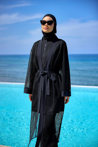Black Tulle Detail Full Coverage Swimwear Burkini M2534-1