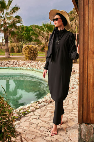 Woven Black Burkini Modest Swimwear M2402