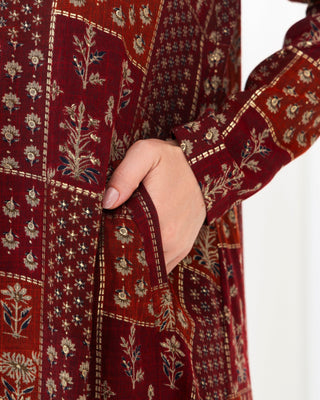 Maroon Floral Check Jacket Abaya