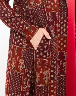 Maroon Floral Check Jacket Abaya