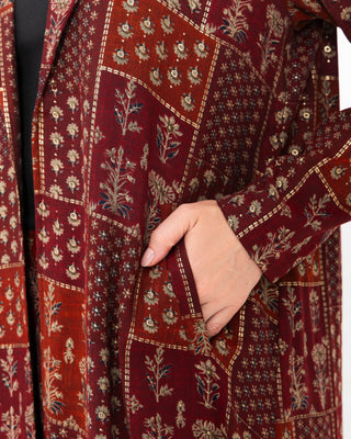 Maroon Floral Check Jacket Abaya