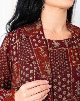 Maroon Floral Check Jacket Abaya