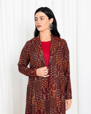 Maroon Floral Check Jacket Abaya