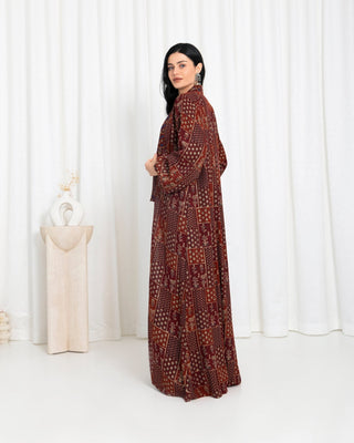 Maroon Floral Check Kimono Abaya