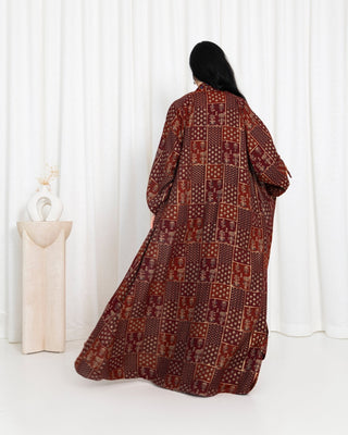 Maroon Floral Check Kimono Abaya