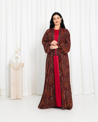 Maroon Floral Check Kimono Abaya