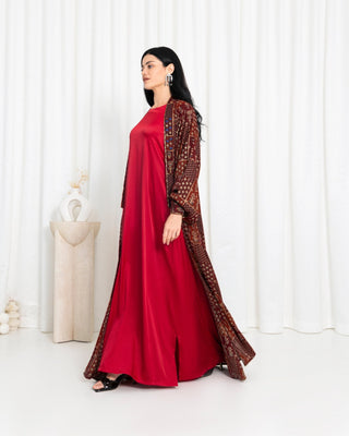Maroon Floral Check Kimono Abaya