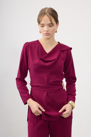 Meral Co-Ord Set with Drape Blouse – Bordeaux