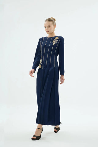Mia Embroidered Pleated Evening Dress – Navy