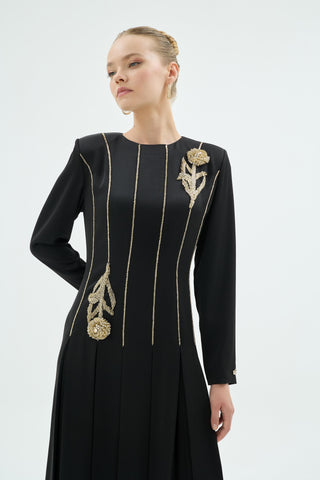 Mia Embroidered Pleated Evening Dress – Black