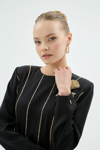 Mia Embroidered Pleated Evening Dress – Black