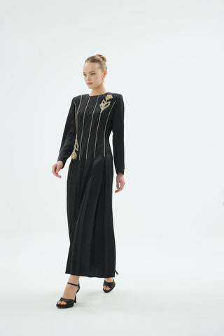 Mia Embroidered Pleated Evening Dress – Black