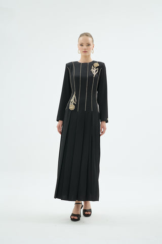 Mia Embroidered Pleated Evening Dress – Black