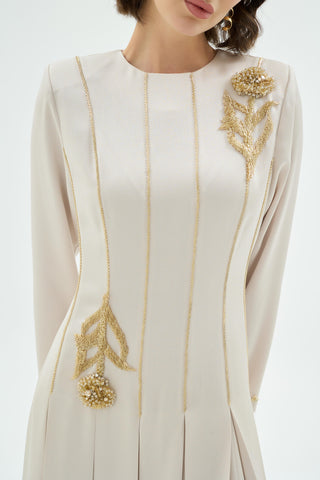 Mia Embroidered Pleated Evening Dress – Stone