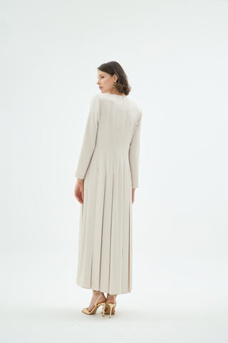 Mia Embroidered Pleated Evening Dress – Stone