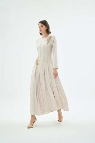 Mia Embroidered Pleated Evening Dress – Stone