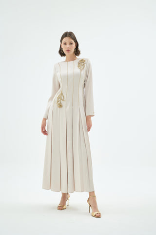 Mia Embroidered Pleated Evening Dress – Stone