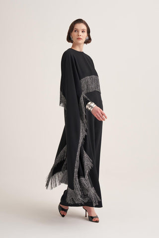 Milena Fringed Cape Maxi Dress – Black