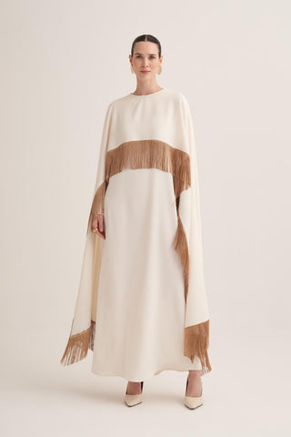 Milena Fringed Cape Maxi Dress – Cream