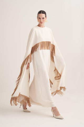 Milena Fringed Cape Maxi Dress – Cream