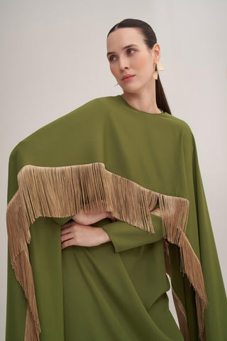 Milena Fringed Cape Maxi Dress – Green